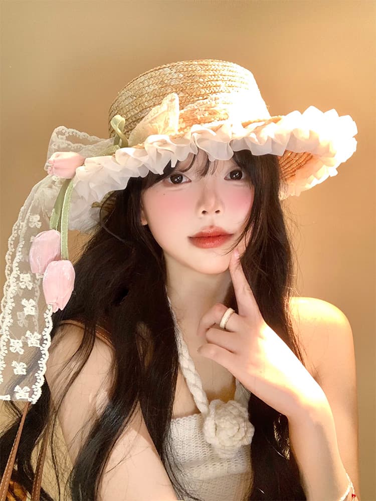 アウトドア 帽子 ハット 花うさぎ フリル麦わらハット