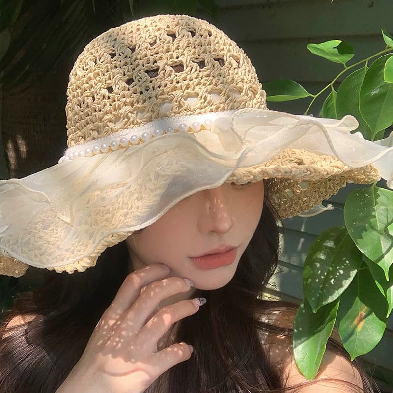 アウトドア 帽子 麦わら姫のレースリボンハット