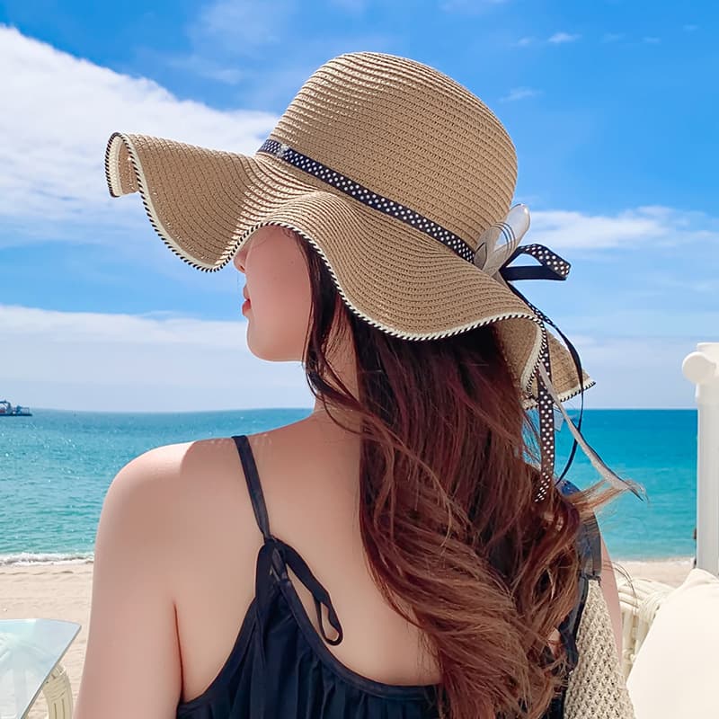 アウトドア 帽子 夏の紫外線対策麦わら帽子 つば広リボン付き日よけハット