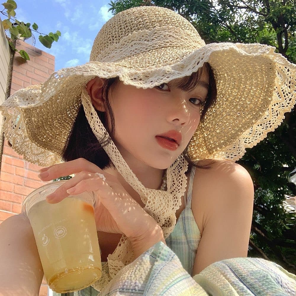 アウトドア 帽子 ハット 優雅なレース縁取り麦わりハット