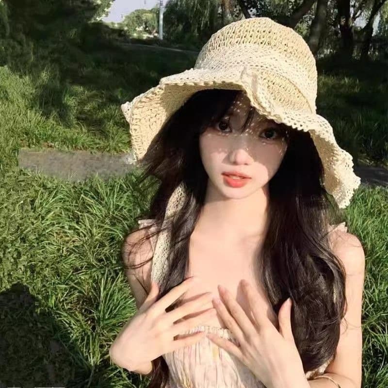 アウトドア 帽子 花飾りレース編みつば広ハット