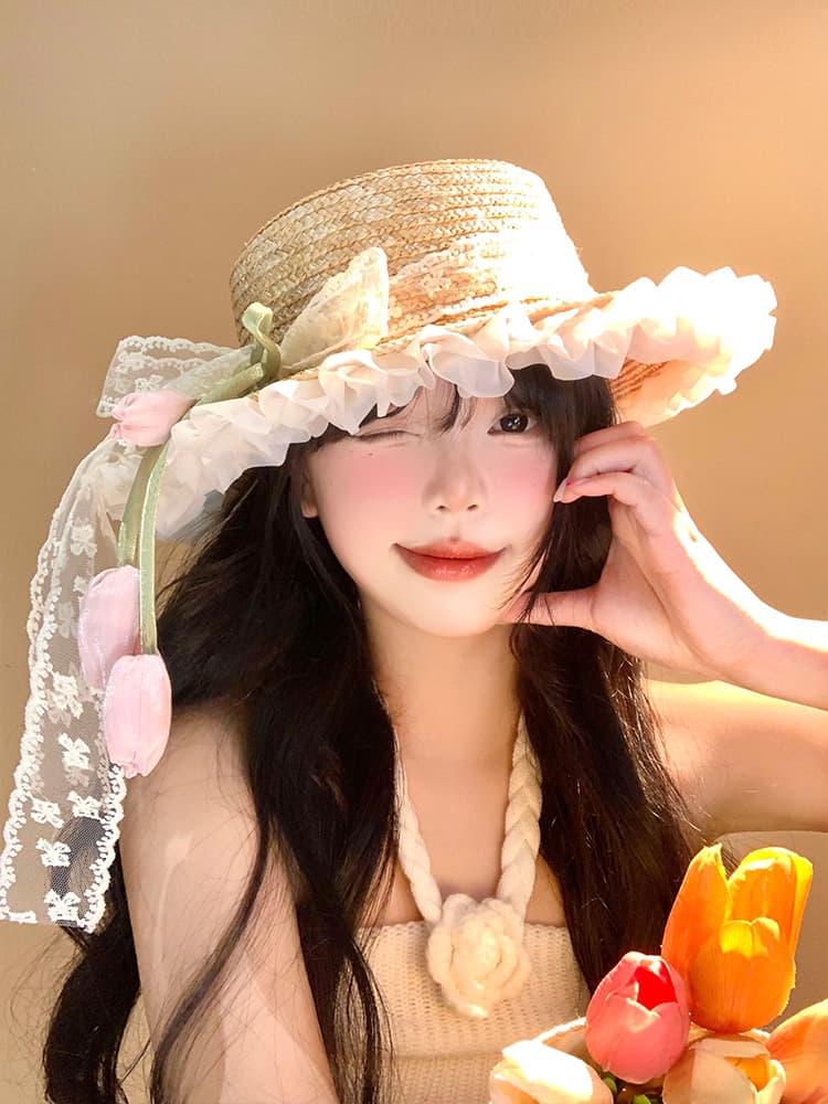 アウトドア 帽子 ハット 花うさぎ フリル麦わらハット