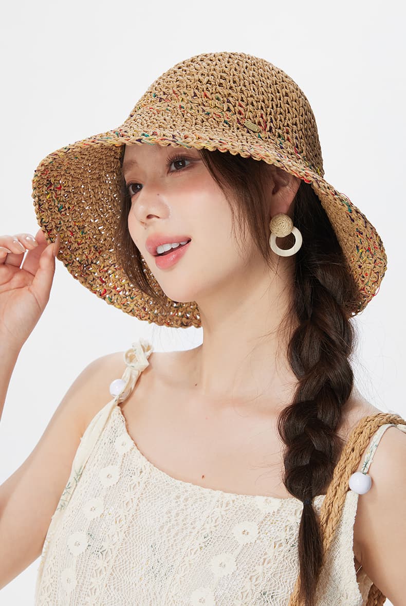 アウトドア 帽子 ハット 彩糸アクセント草編みつば広ハット