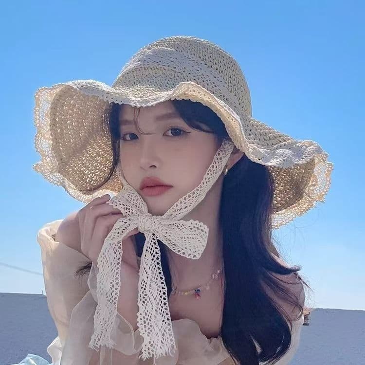 アウトドア 帽子 麦わら姫のレースリボンハット