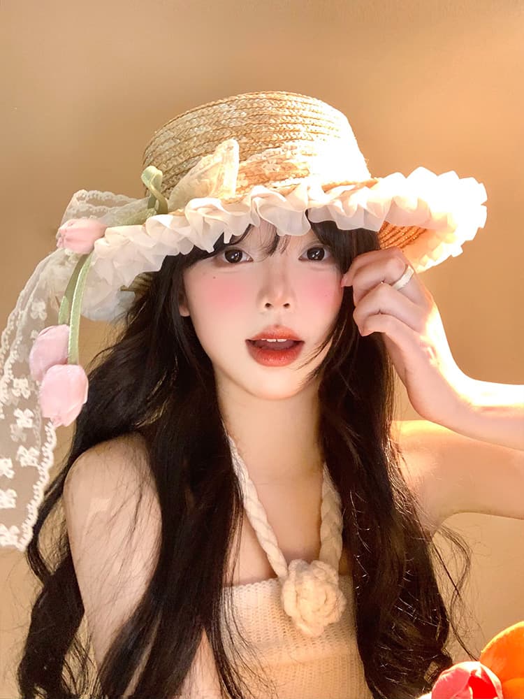 アウトドア 帽子 ハット 花うさぎ フリル麦わらハット