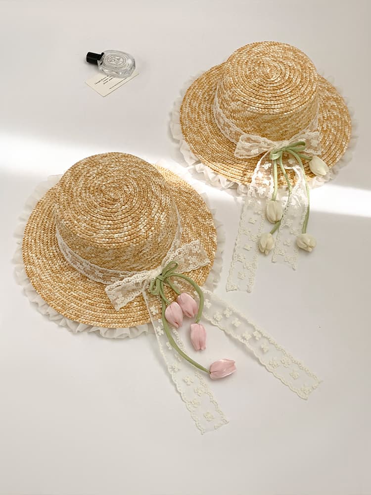 アウトドア 帽子 ハット 花うさぎ フリル麦わらハット