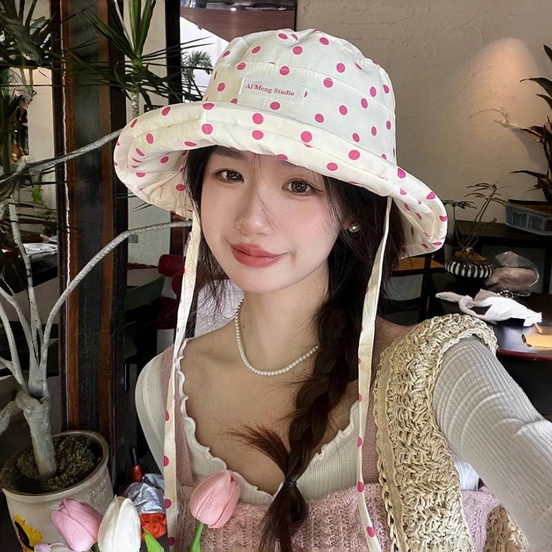 アウトドア 帽子 あごひも付き水玉バケットハット