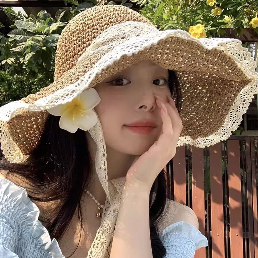 アウトドア 帽子 花飾りレース編みつば広ハット