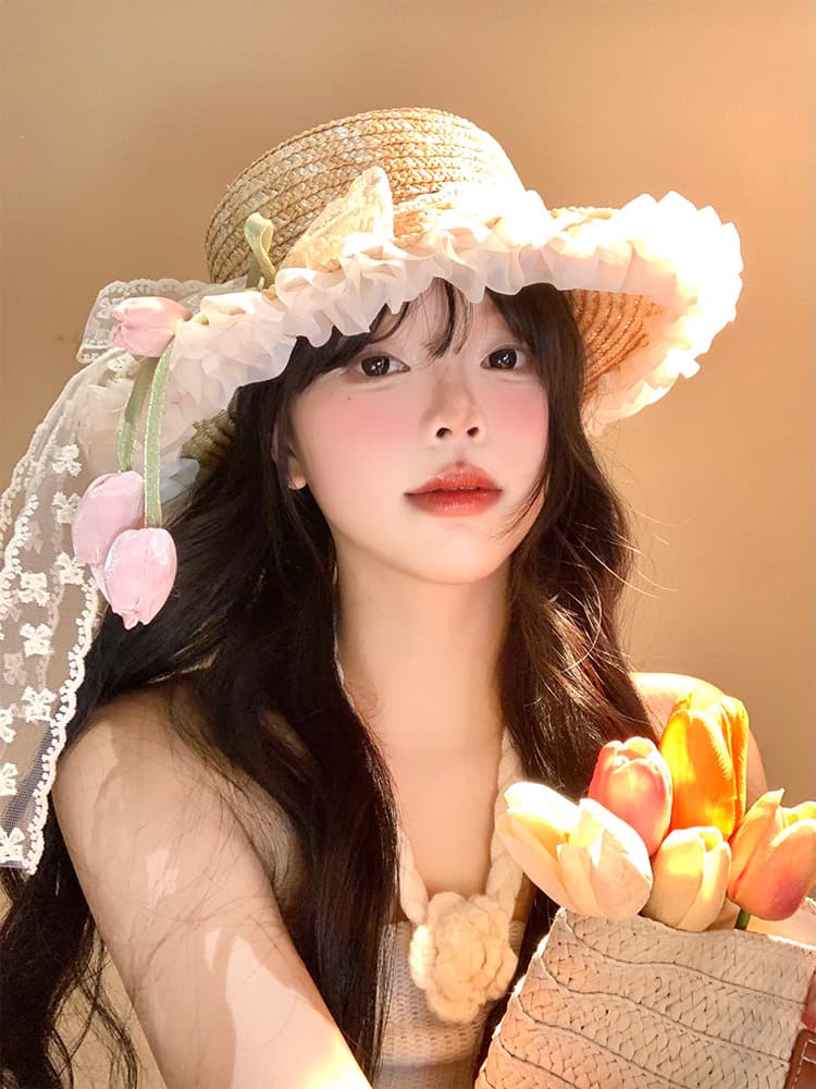 アウトドア 帽子 ハット 花うさぎ フリル麦わらハット