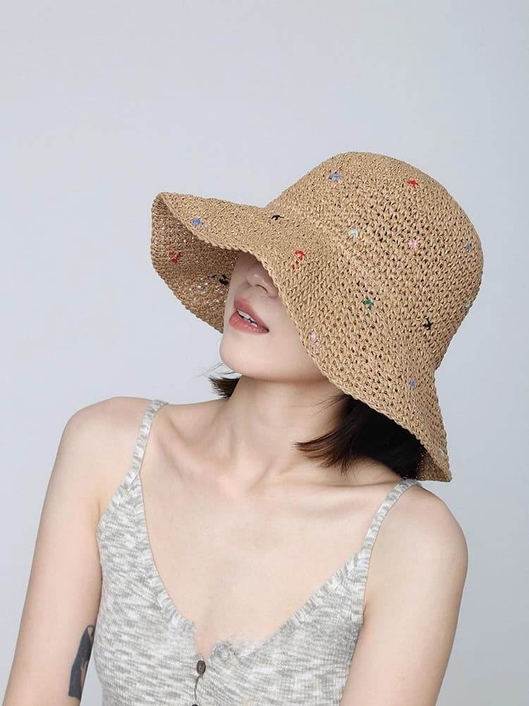 アウトドア 帽子 彩り麦わら風つば広ハット